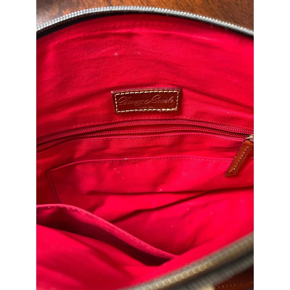 Dooney & Bourke Monogram Plaid Satchel Bag Leather Trim Cognac Gray